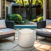 Barrel Travertine Stone Finish MGO Side Accent Table, size 18.8"x18.8"x16.1"  suitable for both indoor and outdoor spaces.